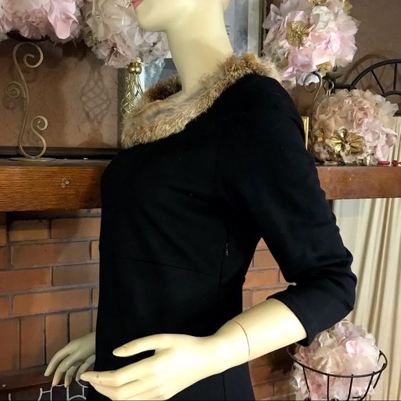 KAREN KANE BLACK KNIT DRESS WITH BROWN RABBIT FUR COLLAR (M) - Picture 9 of 15